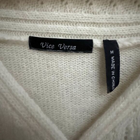 Womens Cream V-Neck Sweater Medium Pointelle Preppy Cottagecore Wool Rabbit Hair - Picture 7 of 12